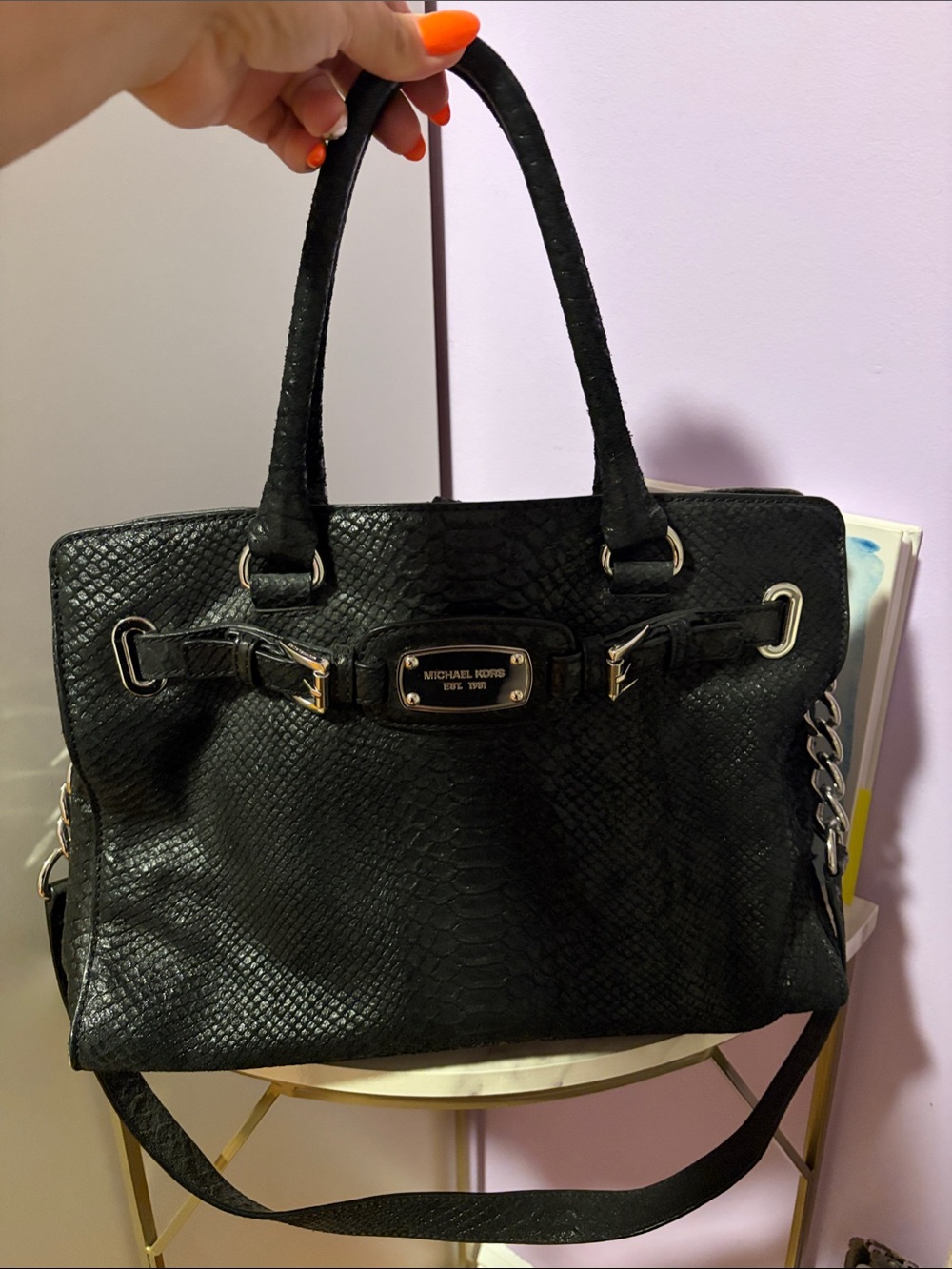 Michael Kors Black Snake-Embossed Satchel Tote